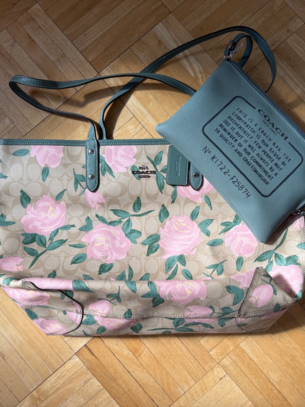 Coach Beige Floral Canvas Tote with Pink Roses and Green Trim